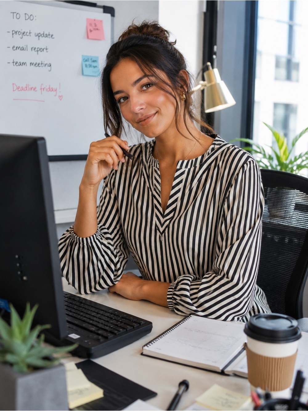 Black & White Striped Blouse — Comfortable Office Top